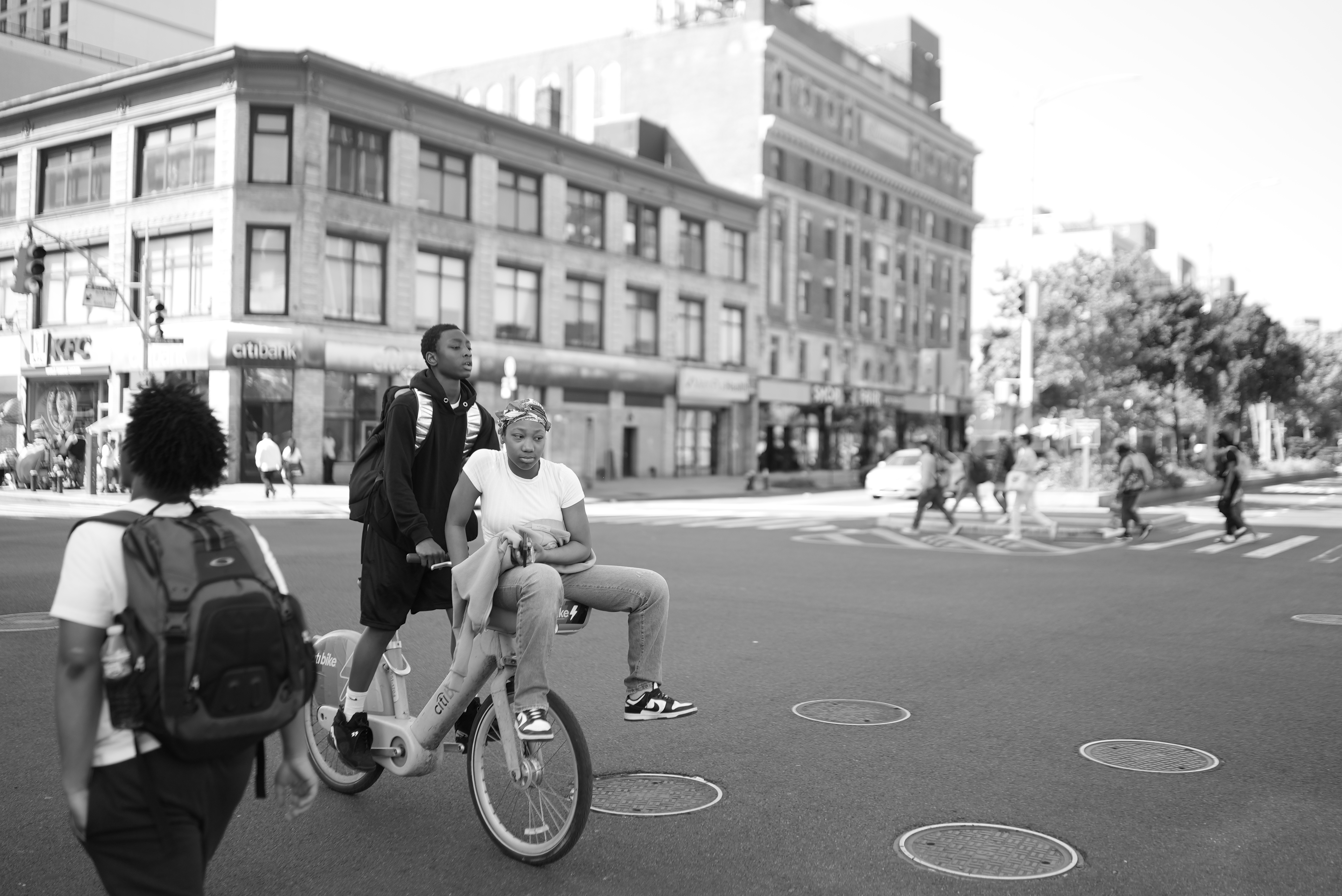 Black and white documentary street scene