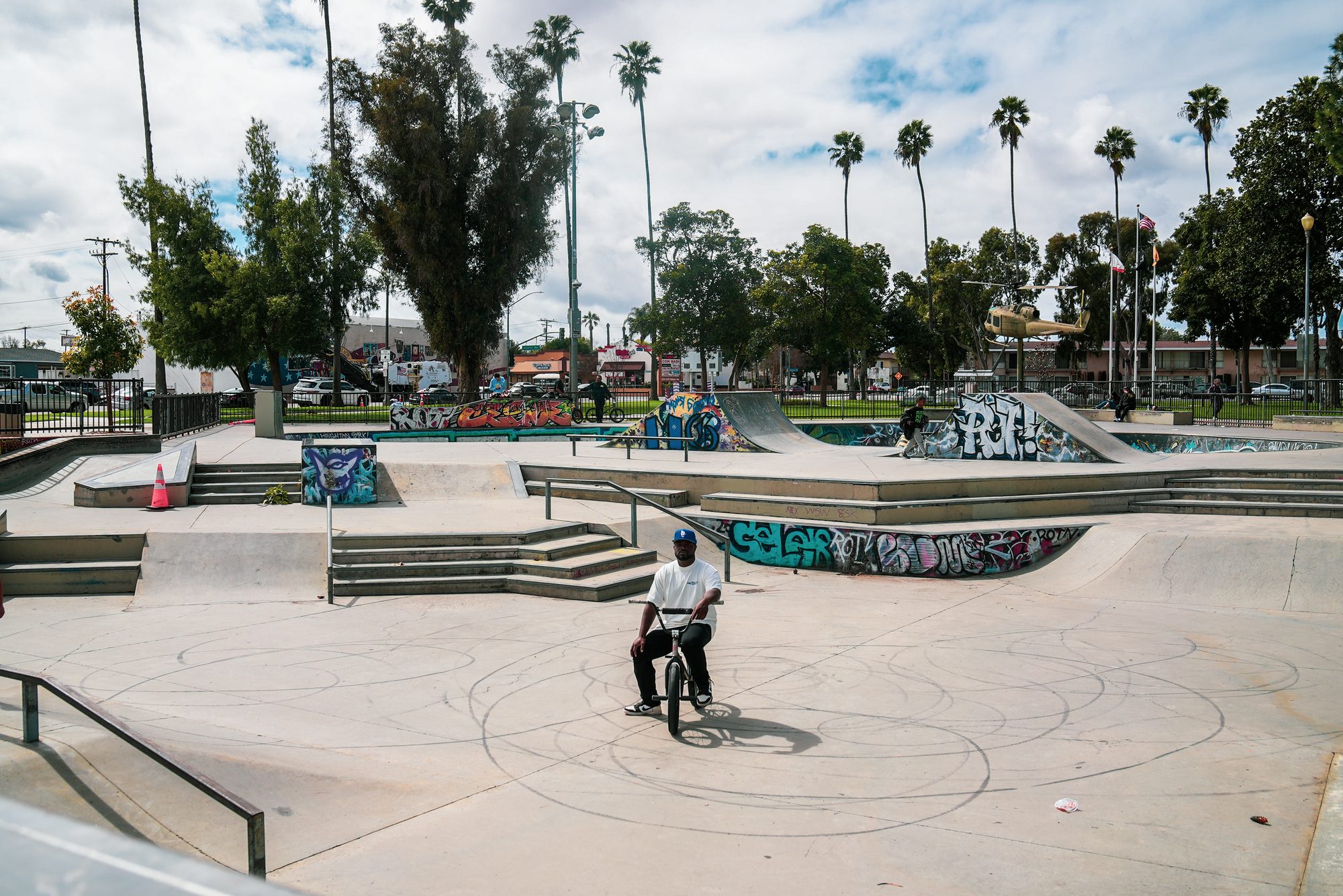 BMX rider, wide skatepark shot